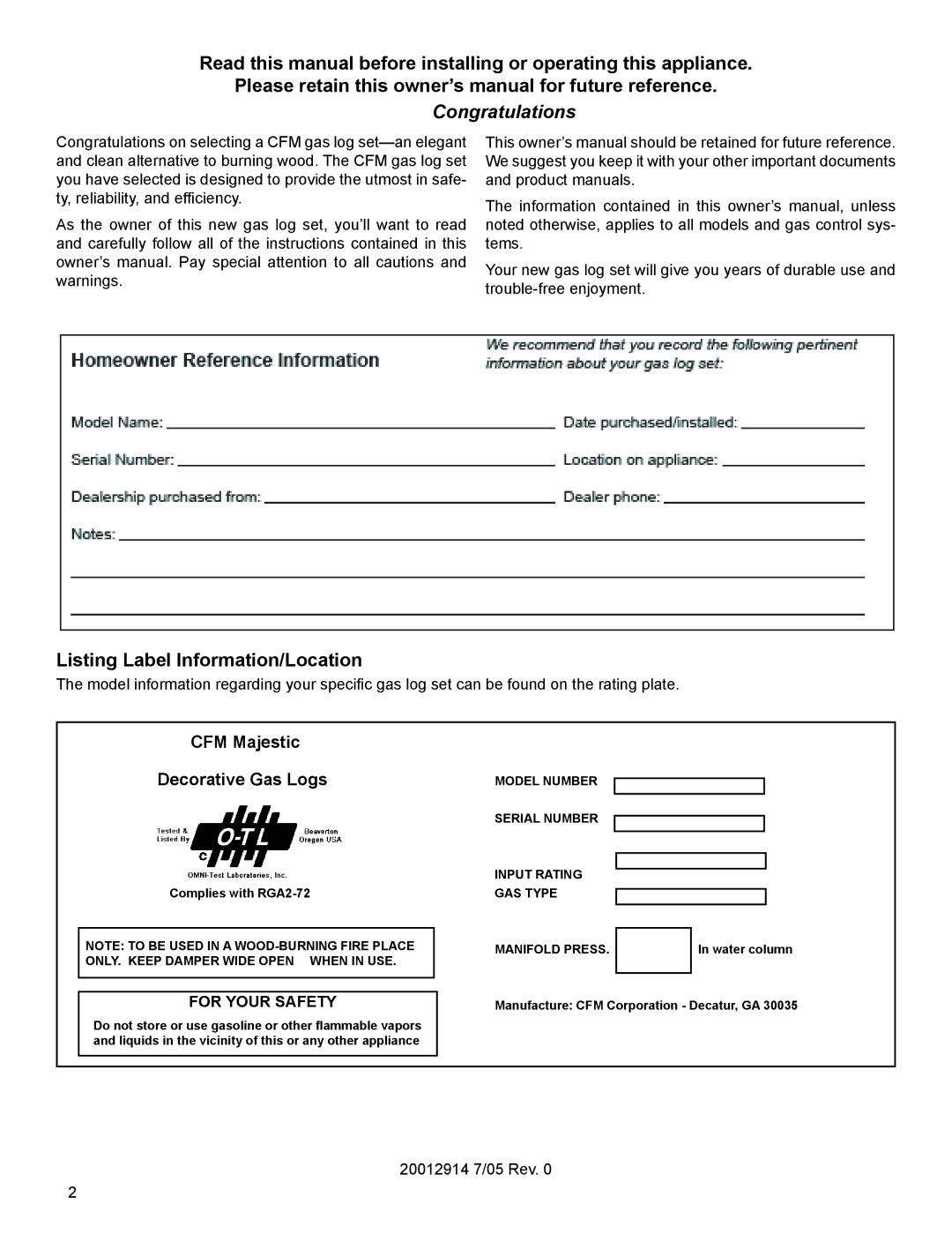 Vermont Casting MO18 installation instructions Congratulations, Listing Label Information/Location 