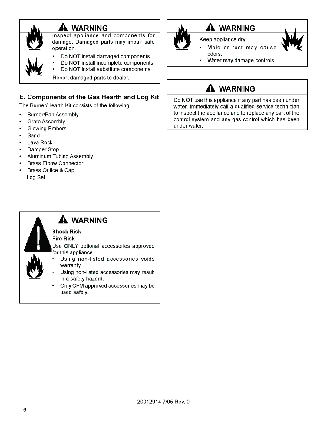 Vermont Casting MO18 installation instructions Components of the Gas Hearth and Log Kit, Shock Risk Fire Risk 