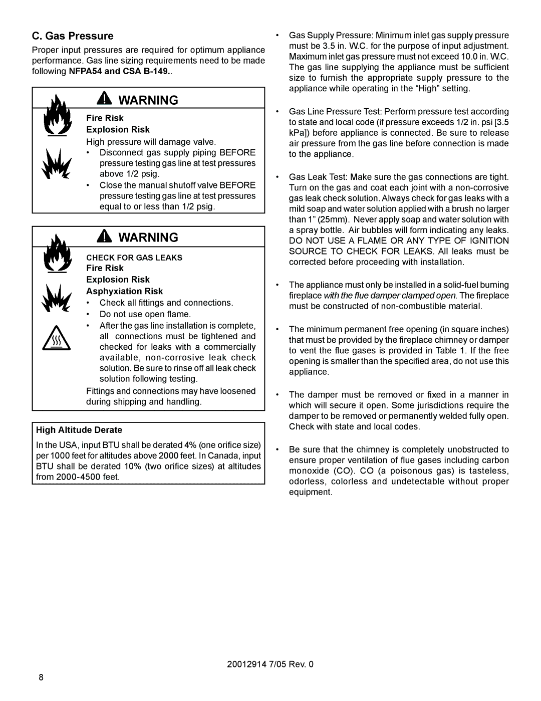 Vermont Casting MO18 Gas Pressure, Fire Risk Explosion Risk Asphyxiation Risk, High Altitude Derate 