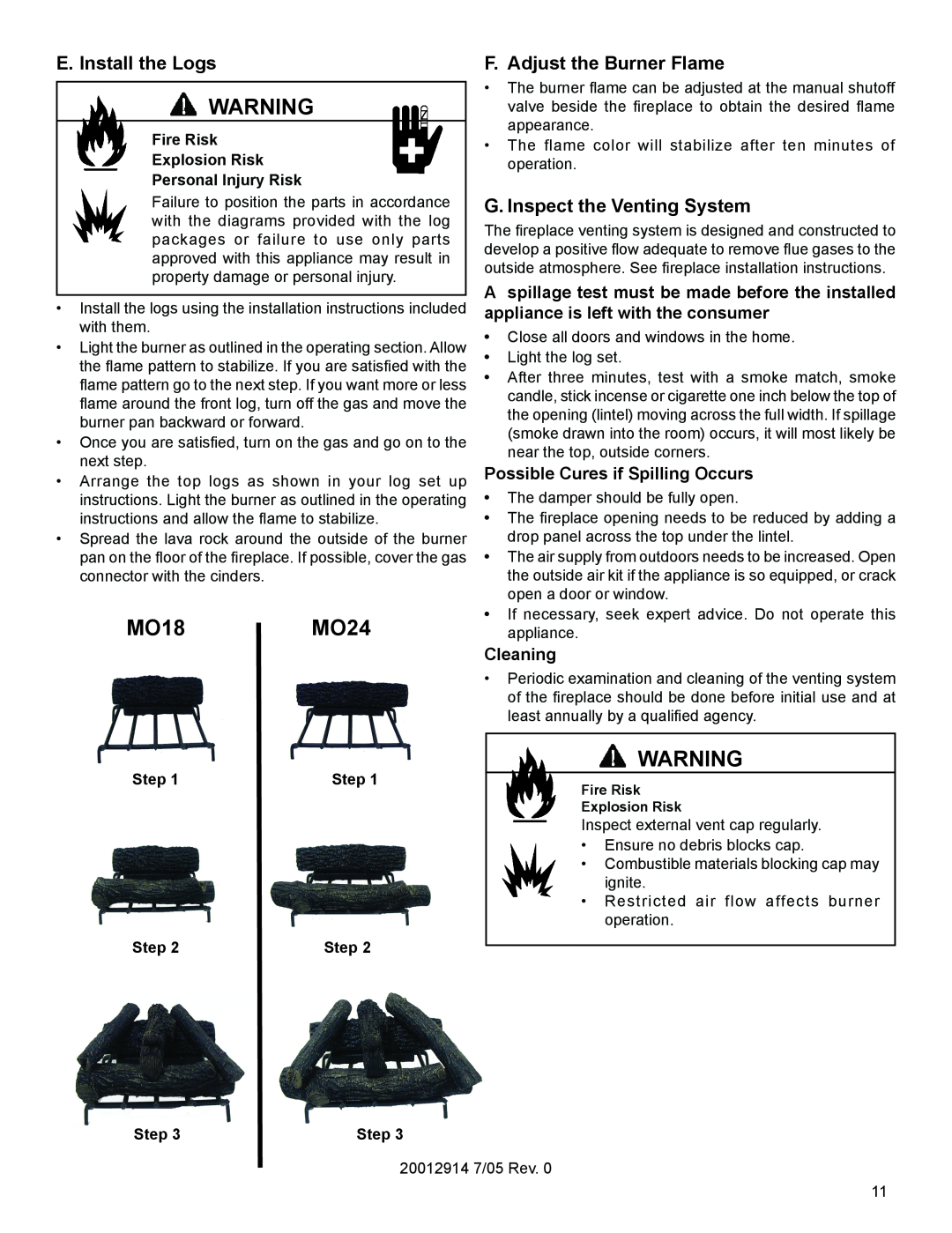 Vermont Casting MO18MO24, E. Install the Logs, F.Adjust the Burner Flame, G.Inspect the Venting System, Cleaning, Step 