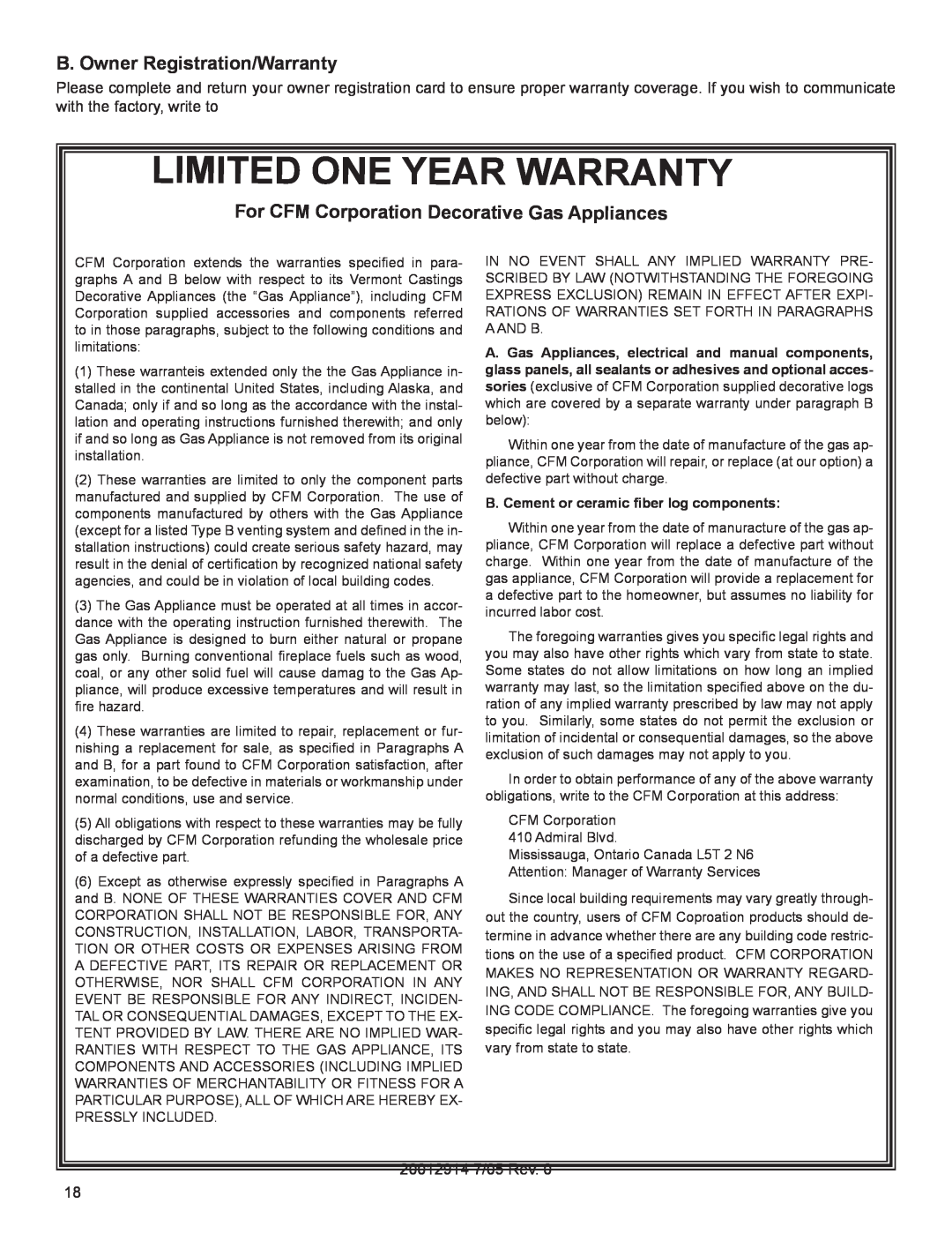 Vermont Casting MO18 Limited One Year Warranty, B. Owner Registration/Warranty, B. Cement or ceramic fiber log components 