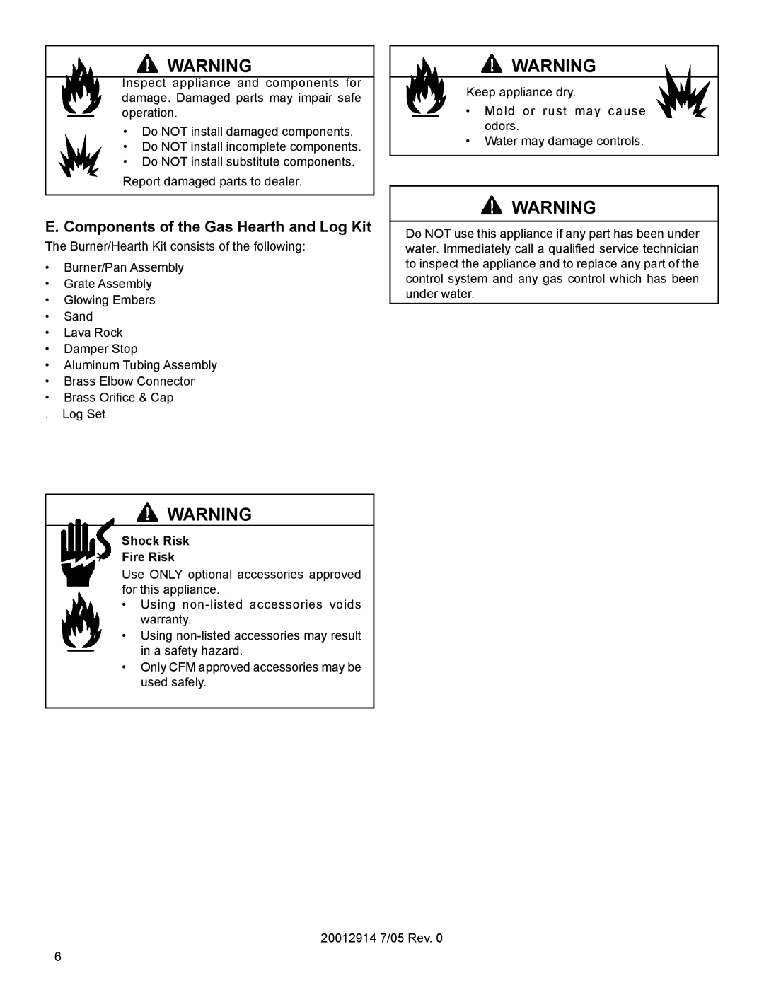 Vermont Casting MO18 installation instructions E. Components of the Gas Hearth and Log Kit, Shock Risk Fire Risk 