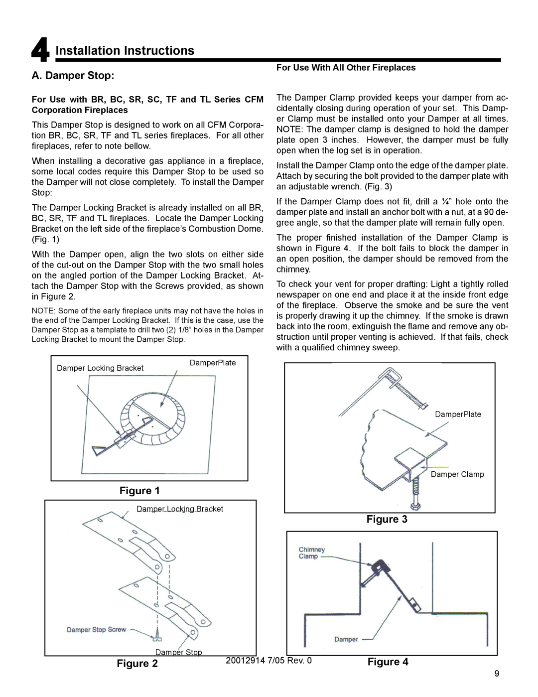 Vermont Casting MO18 Installation Instructions, A. Damper Stop, For Use With All Other Fireplaces, Corporation Fireplaces 