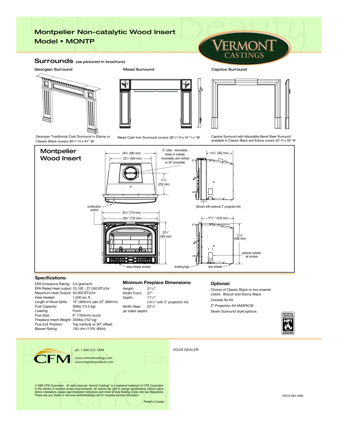 Vermont Casting manual Montpelier Non-catalytic Wood Insert Model MONTP, Specifications, Minimum Fireplace Dimensions 