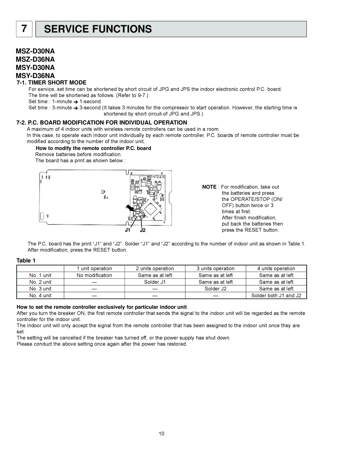 Vermont Casting MSY-D36NA Service Functions, Timer Short Mode, P.C. Board Modification for Individual Operation, J1 J2 