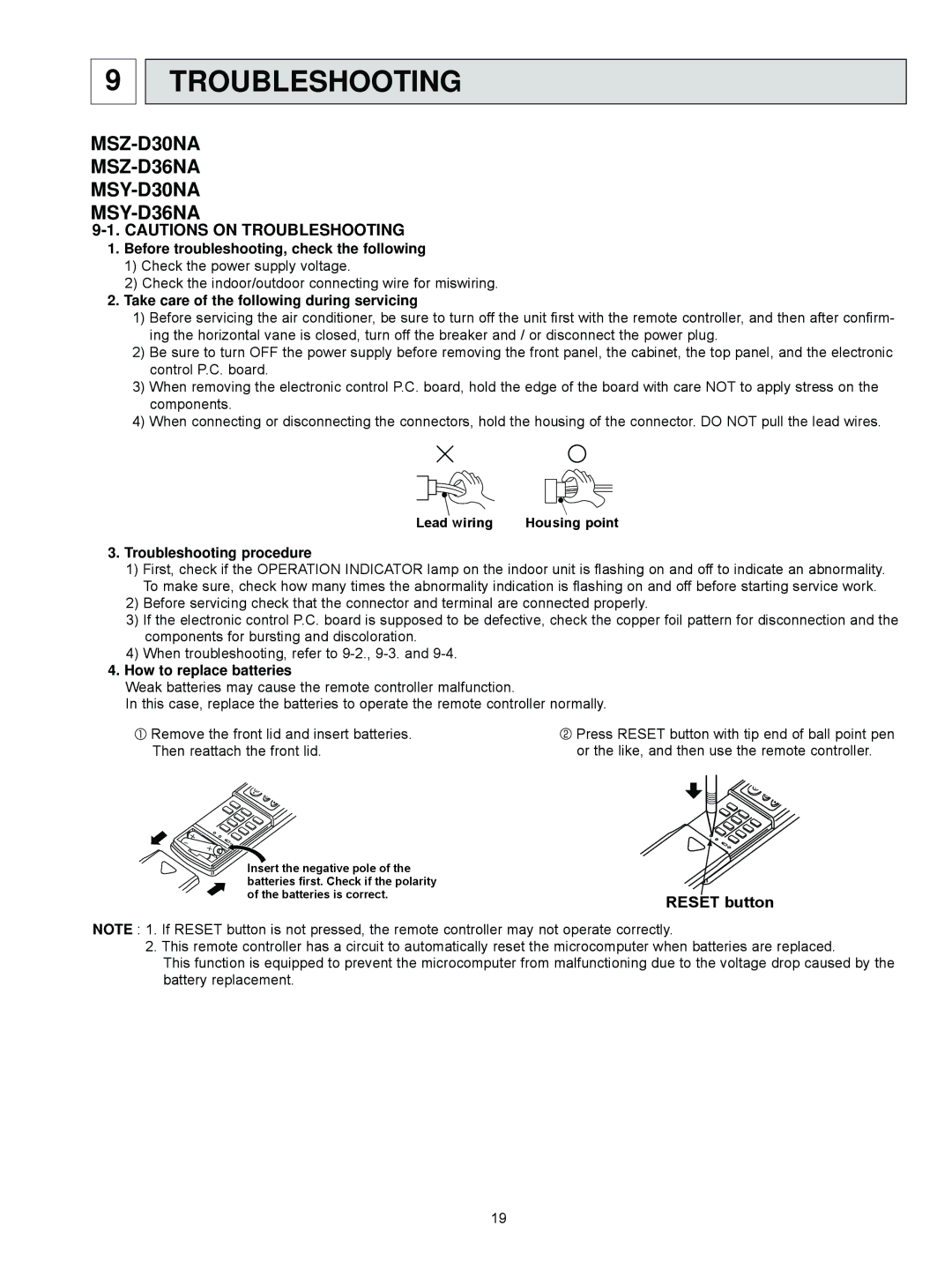 Vermont Casting MSY-D30NA, MSZ-D36NA, MSZ-D30NA Before troubleshooting, check the following, Troubleshooting procedure 