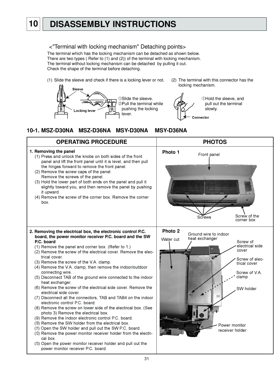 Vermont Casting MSY-D30NA, MSZ-D36NA, MSZ-D30NA, MSY-D36NA service manual Disassembly Instructions, Removing the panel, Board 