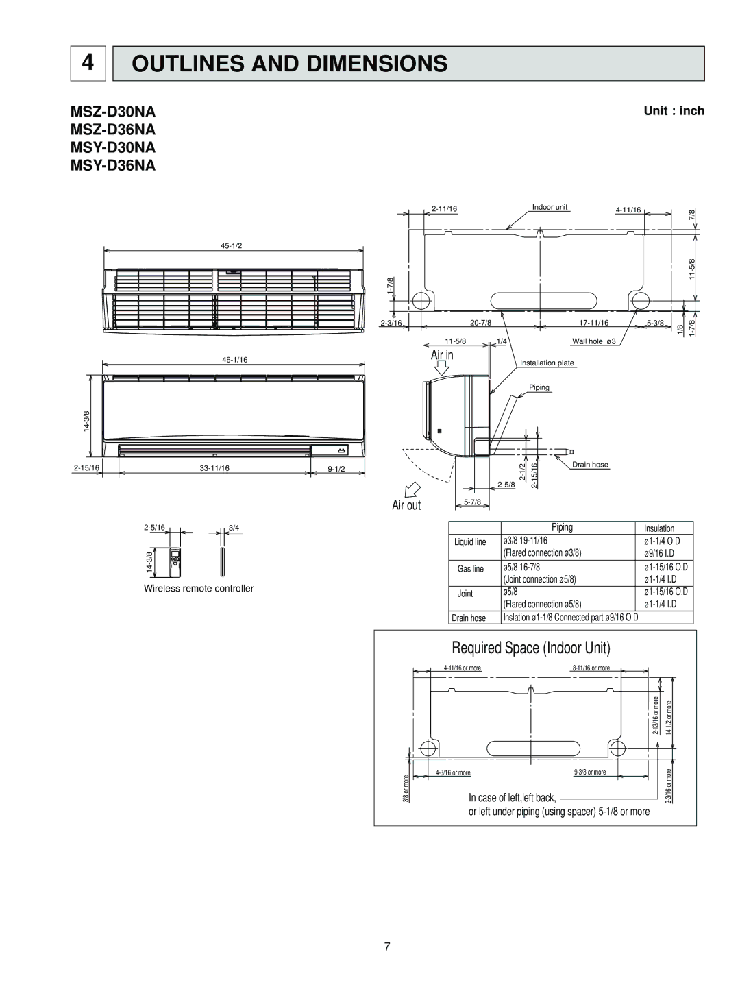 Vermont Casting MSZ-D30NA service manual Outlines and Dimensions, MSZ-D36NA MSY-D30NA MSY-D36NA 