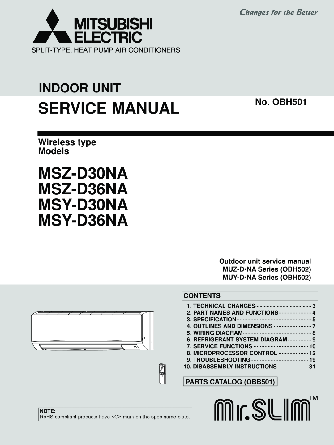 Vermont Casting MSZ-D30NA service manual No. OBH501, Wireless type Models, MUY-D NASeries OBH502 CONTENTS, Indoor Unit 