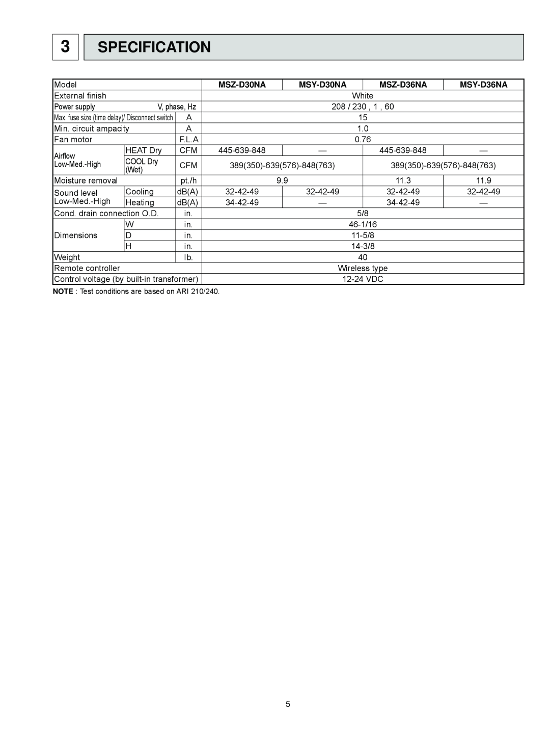 Vermont Casting MSZ-D30NA service manual Specification, MSY-D30NA, MSZ-D36NA, MSY-D36NA 