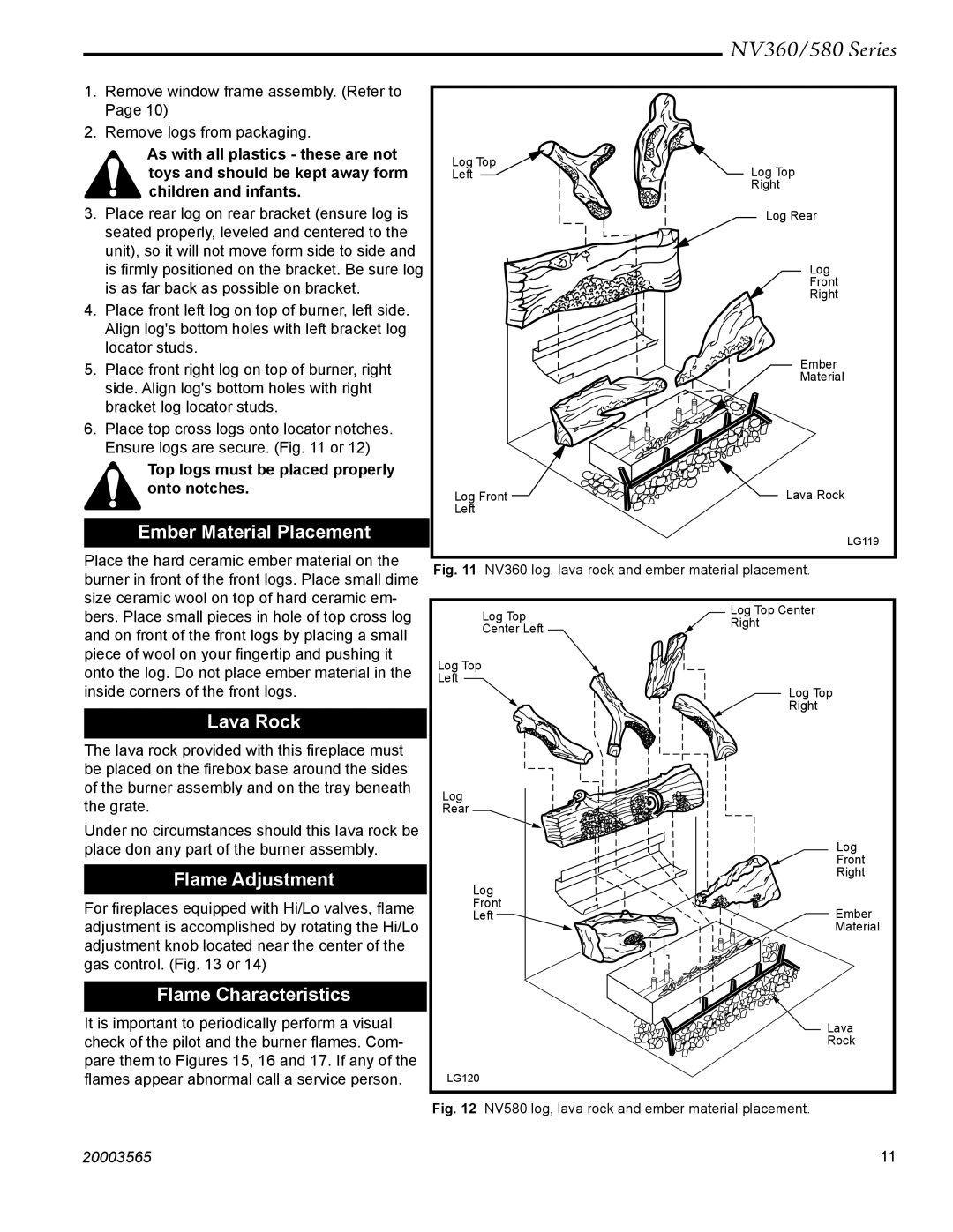 Vermont Casting NV580, NV360 manual Ember Material Placement, Lava Rock, Flame Adjustment, Flame Characteristics 