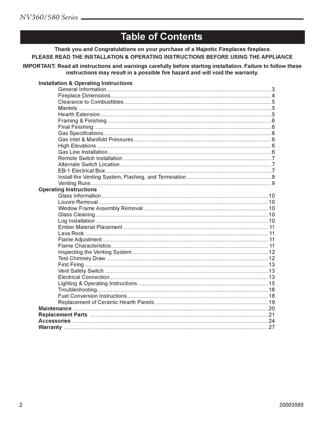 Vermont Casting NV360, NV580 manual Table of Contents 