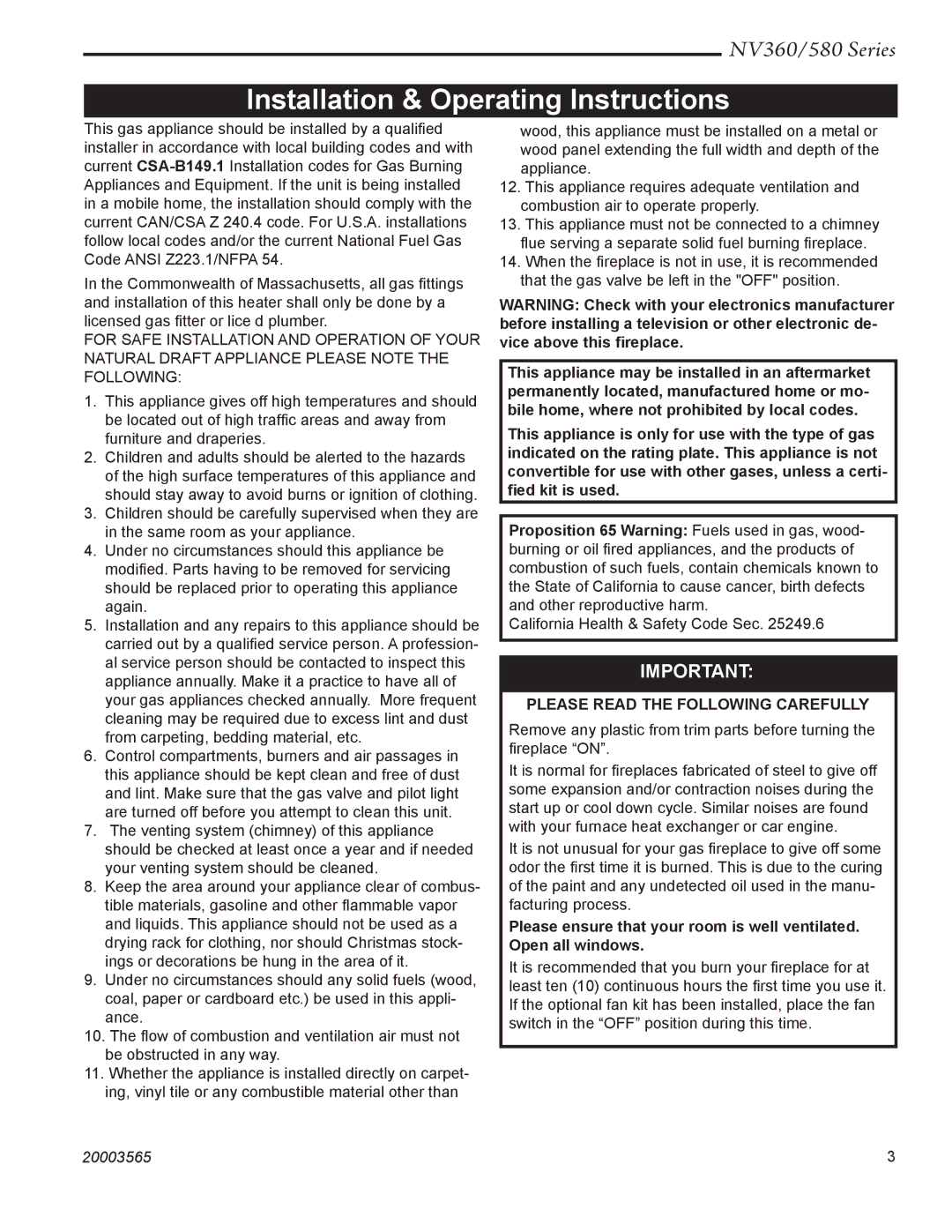 Vermont Casting NV580, NV360 manual Installation & Operating Instructions, Please Read the Following Carefully 