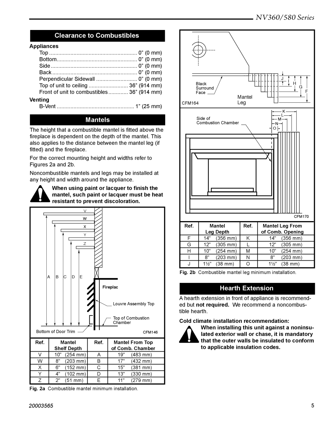 Vermont Casting NV580, NV360 manual Clearance to Combustibles, Mantels, Hearth Extension, Appliances, Venting 