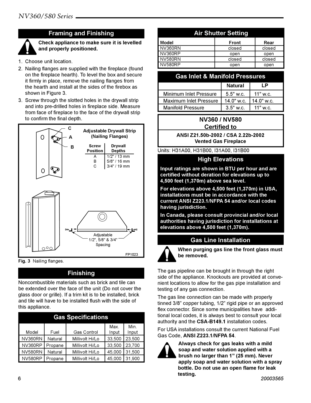 Vermont Casting NV360, NV580 Framing and Finishing, Gas Speciﬁcations, Air Shutter Setting, Gas Inlet & Manifold Pressures 