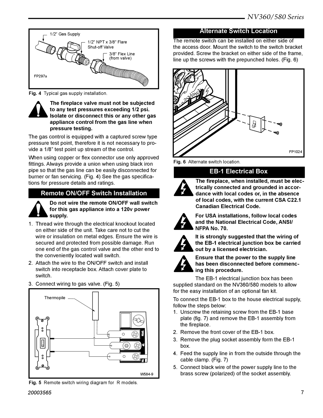 Vermont Casting NV580, NV360 manual Remote ON/OFF Switch Installation, Alternate Switch Location, EB-1 Electrical Box 