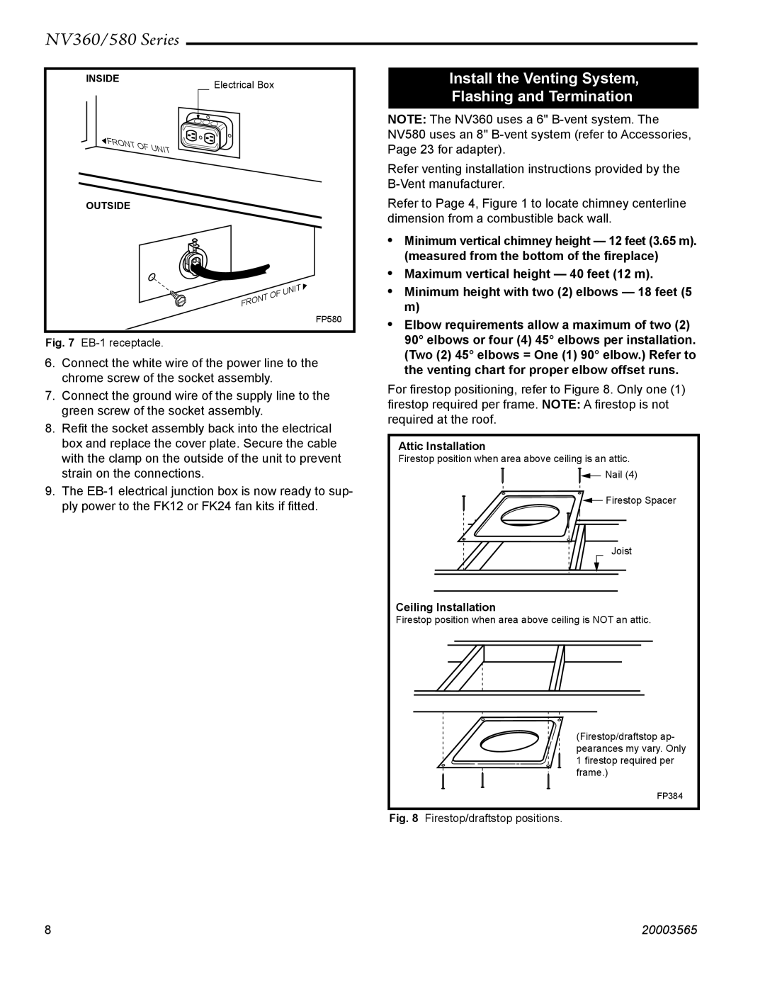 Vermont Casting NV360, NV580 manual Install the Venting System Flashing and Termination, Ceiling Installation 