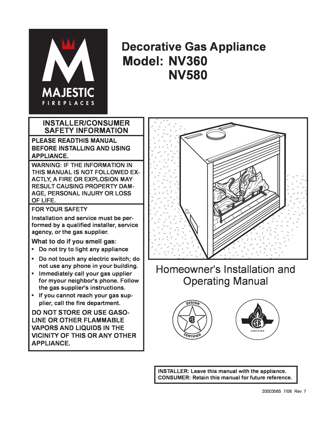 Vermont Casting manual Model NV360 NV580, Decorative Gas Appliance, Homeowners Installation and Operating Manual 