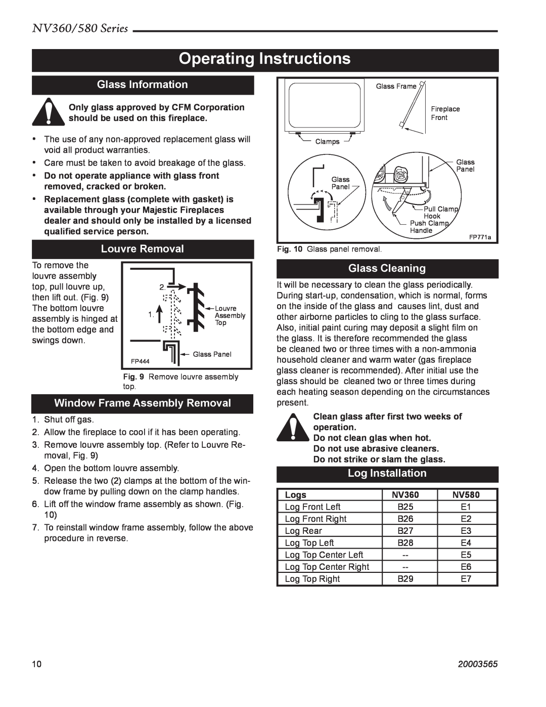 Vermont Casting NV360 Operating Instructions, Glass Information, Louvre Removal, Glass Cleaning, Log Installation, Logs 