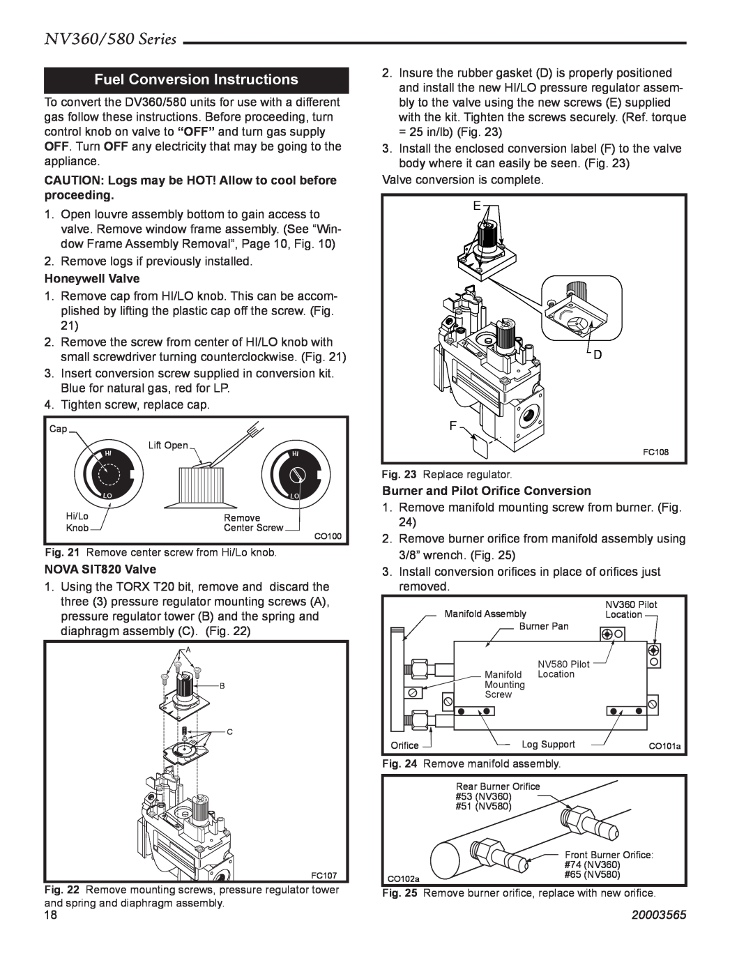 Vermont Casting NV580 Fuel Conversion Instructions, NV360/580 Series, Honeywell Valve, NOVA SIT820 Valve, 20003565 