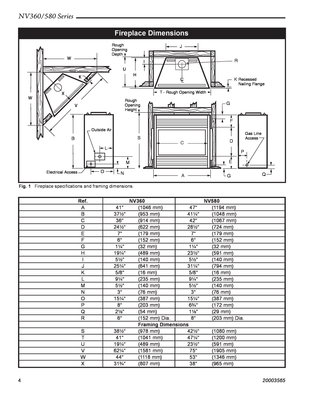 Vermont Casting manual Fireplace Dimensions, NV360/580 Series, NV580, Framing Dimensions, 20003565 