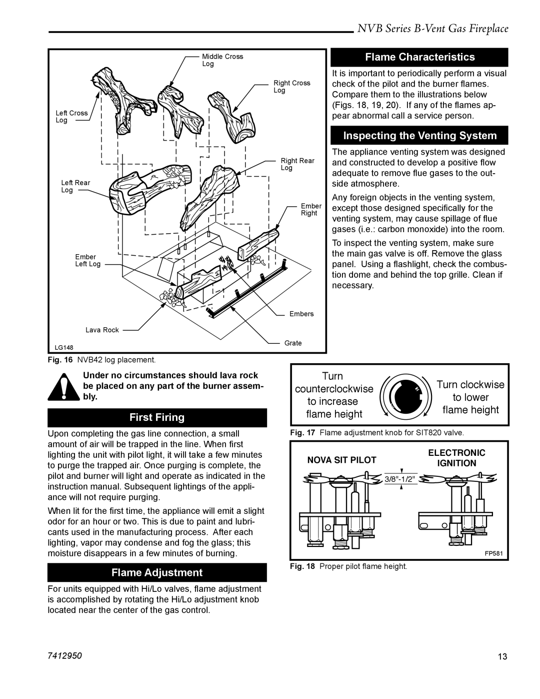 Vermont Casting NVBR36, NVBC42 warranty First Firing, Flame Adjustment, Flame Characteristics, Inspecting the Venting System 