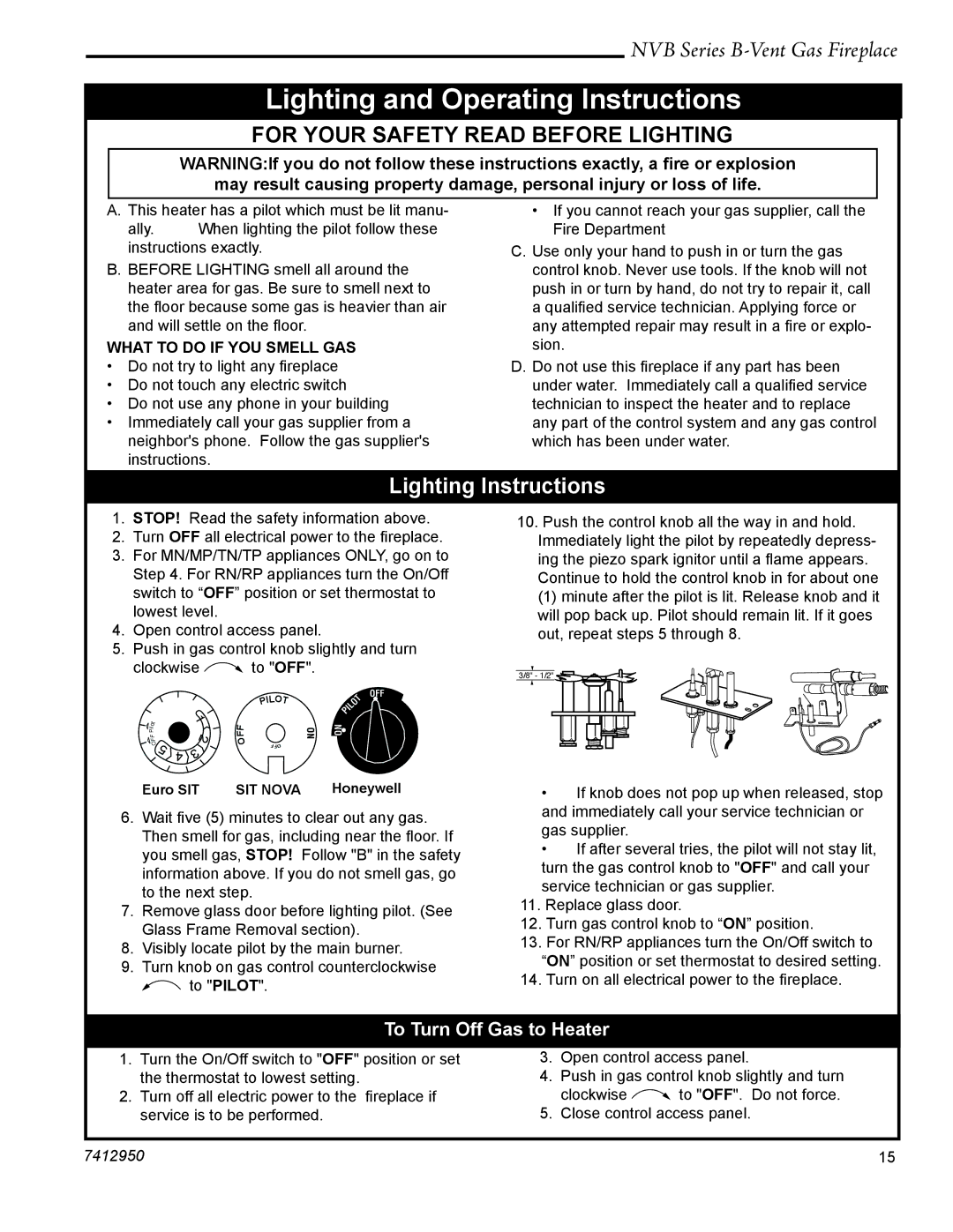 Vermont Casting NVBR36, NVBC42 Lighting and Operating Instructions, Lighting Instructions, To Turn Off Gas to Heater 