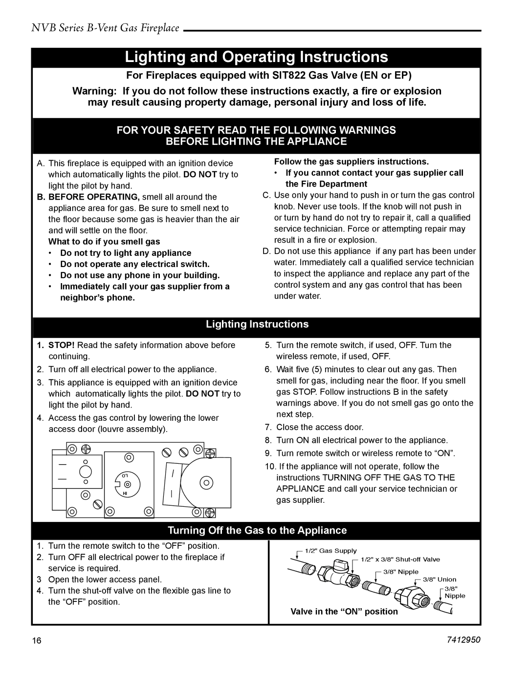 Vermont Casting NVBC42, NVBR36 Lighting Instructions, Turning Off the Gas to the Appliance, Valve in the on position 