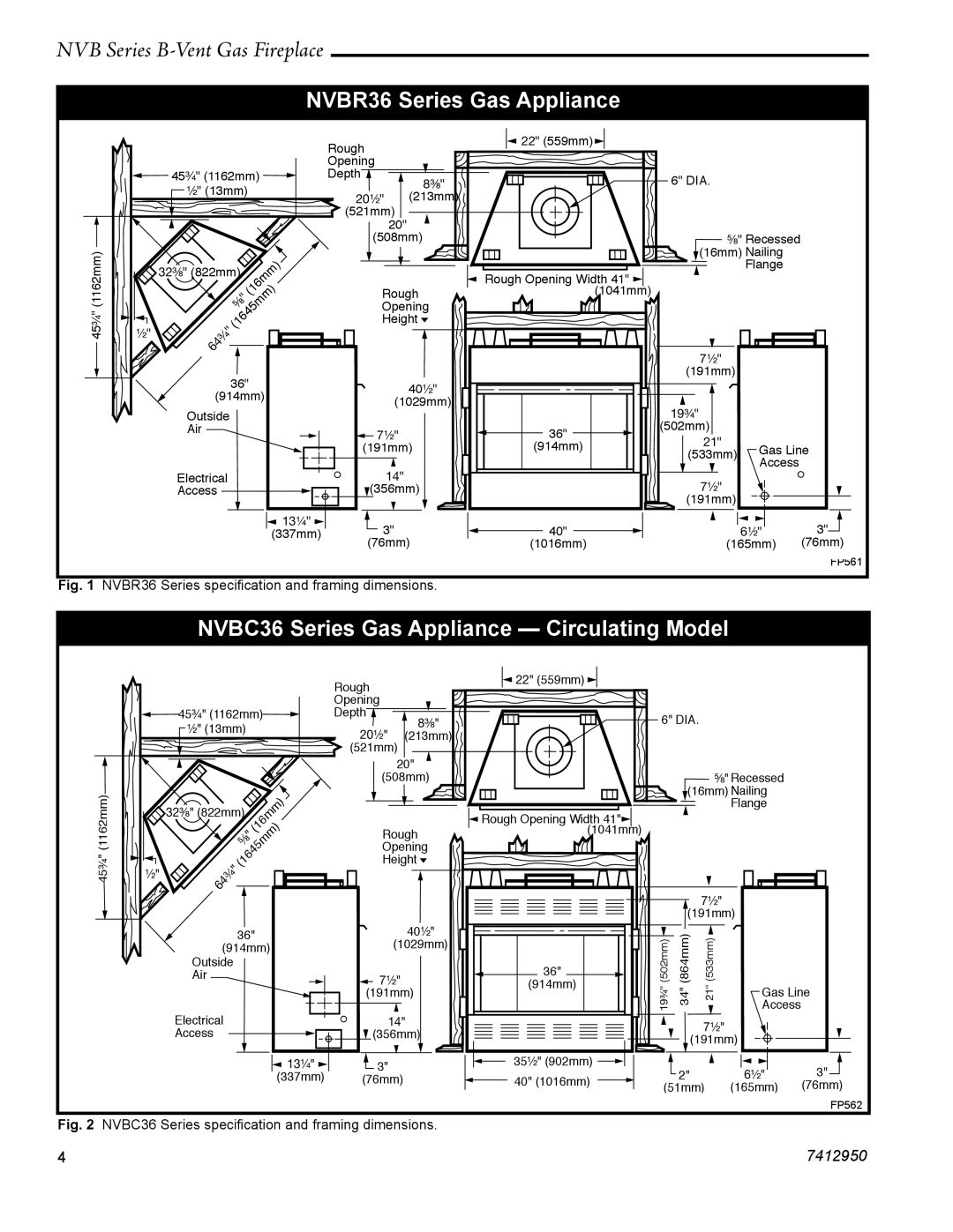 Vermont Casting NVBC42 warranty NVBR36 Series Gas Appliance, NVBR36 Series speciﬁcation and framing dimensions 