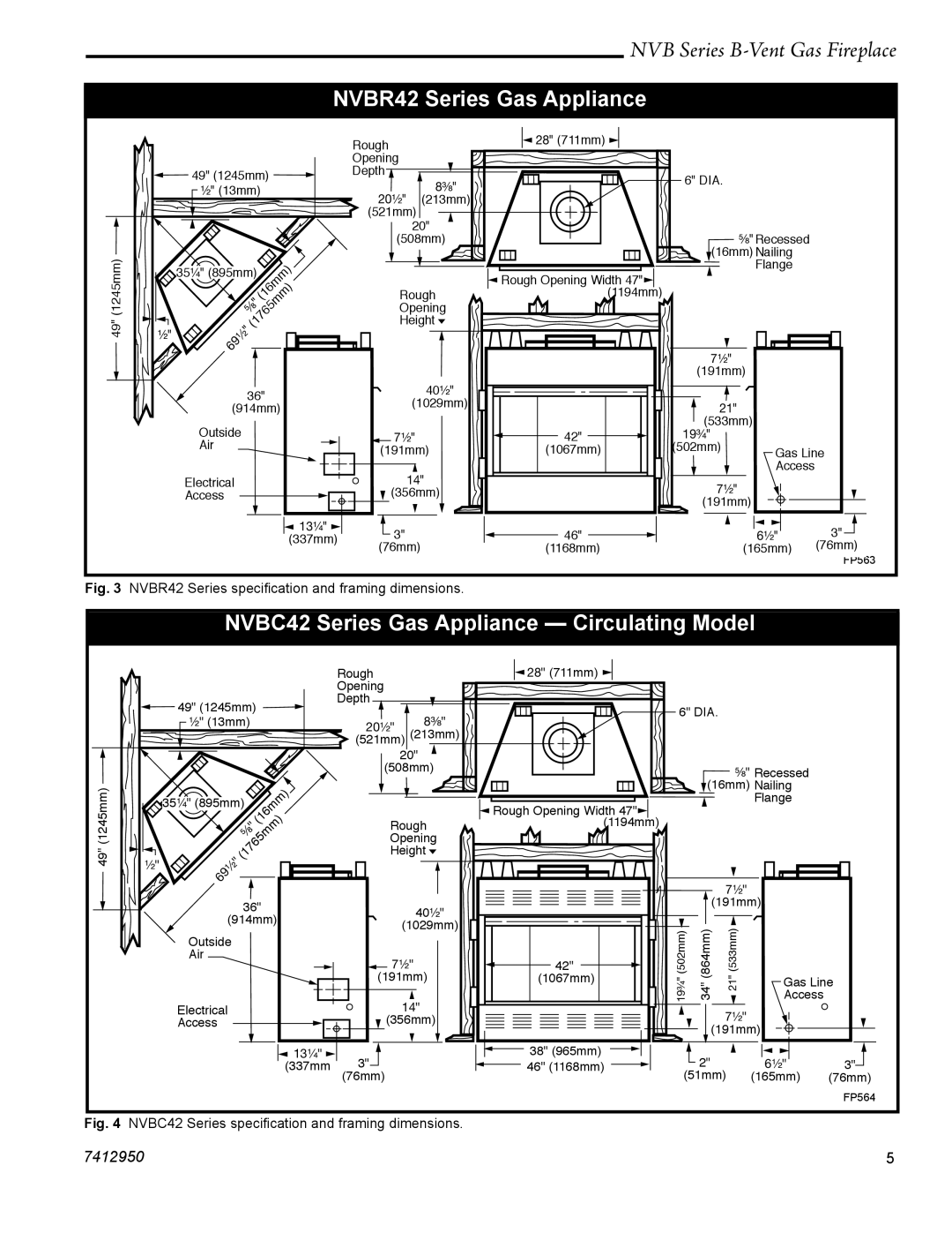 Vermont Casting NVBR36, NVBC42 warranty NVBR42 Series Gas Appliance, NVBR42 Series speciﬁcation and framing dimensions 