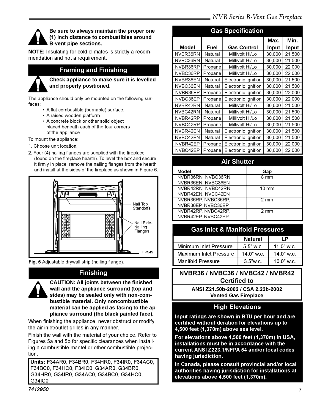 Vermont Casting NVBR36, NVBC42 warranty Framing and Finishing, Gas Speciﬁcation, Air Shutter, Gas Inlet & Manifold Pressures 