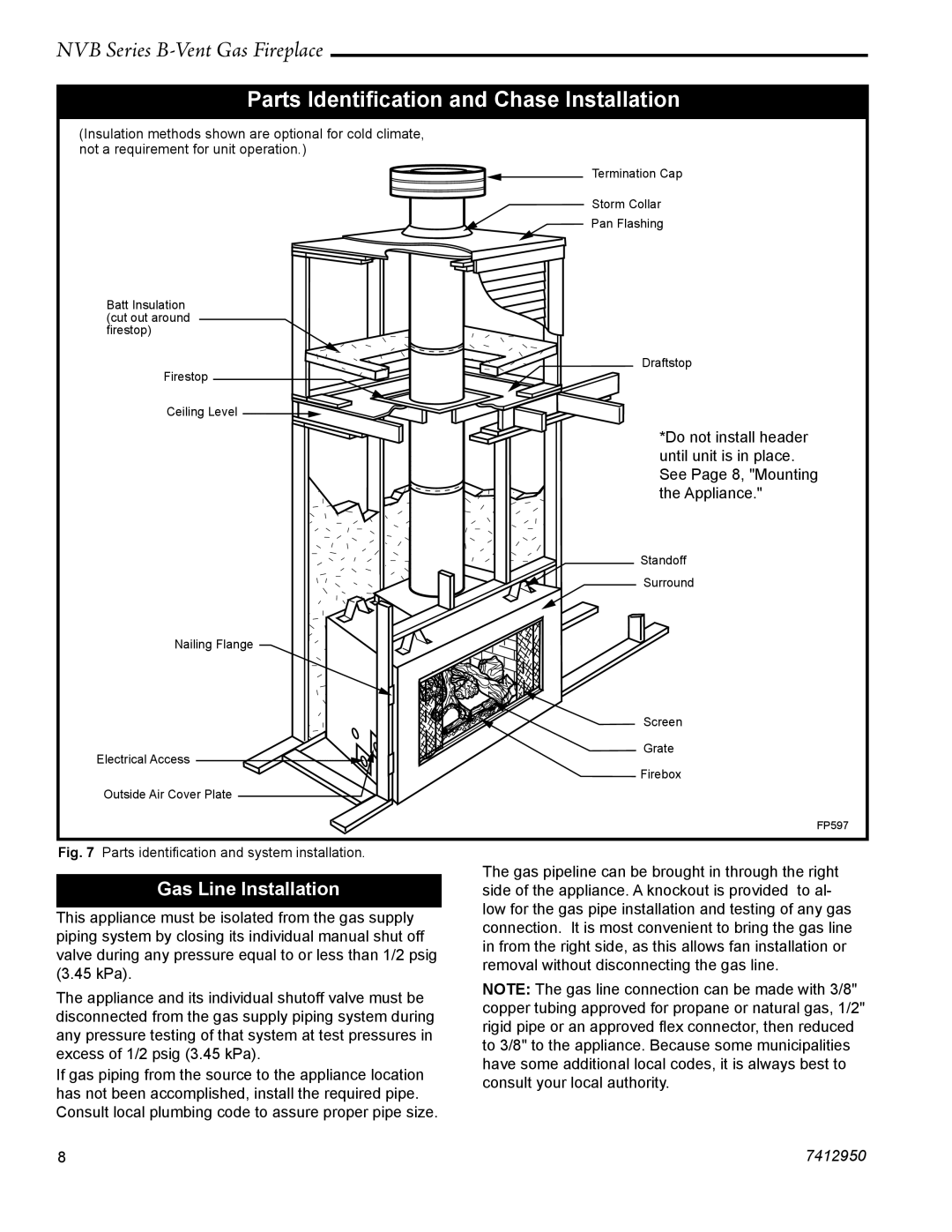 Vermont Casting NVBC42, NVBR36 warranty Parts Identiﬁcation and Chase Installation, Gas Line Installation 