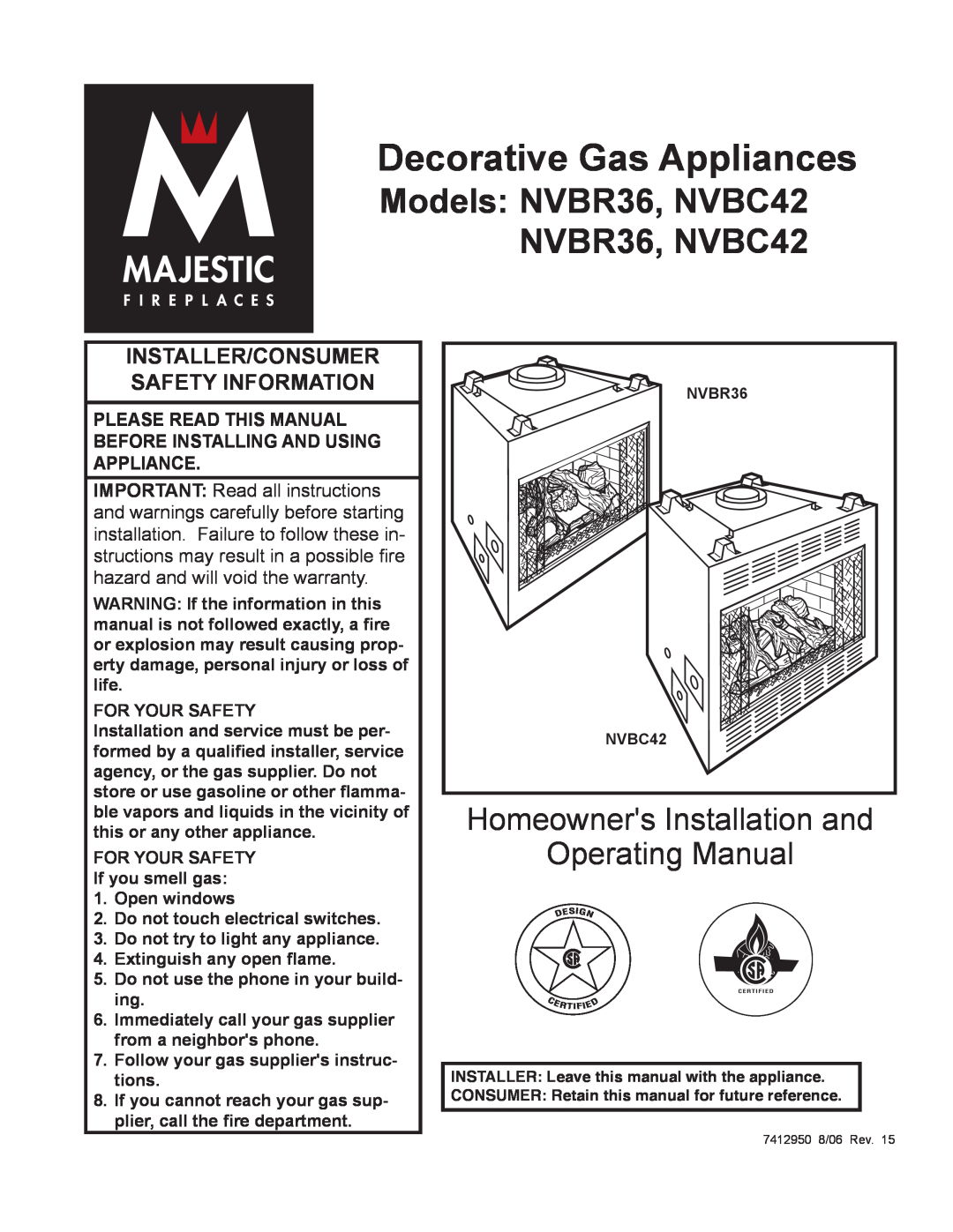 Vermont Casting warranty Decorative Gas Appliances, Models: NVBR36, NVBC42 NVBR36, NVBC42 