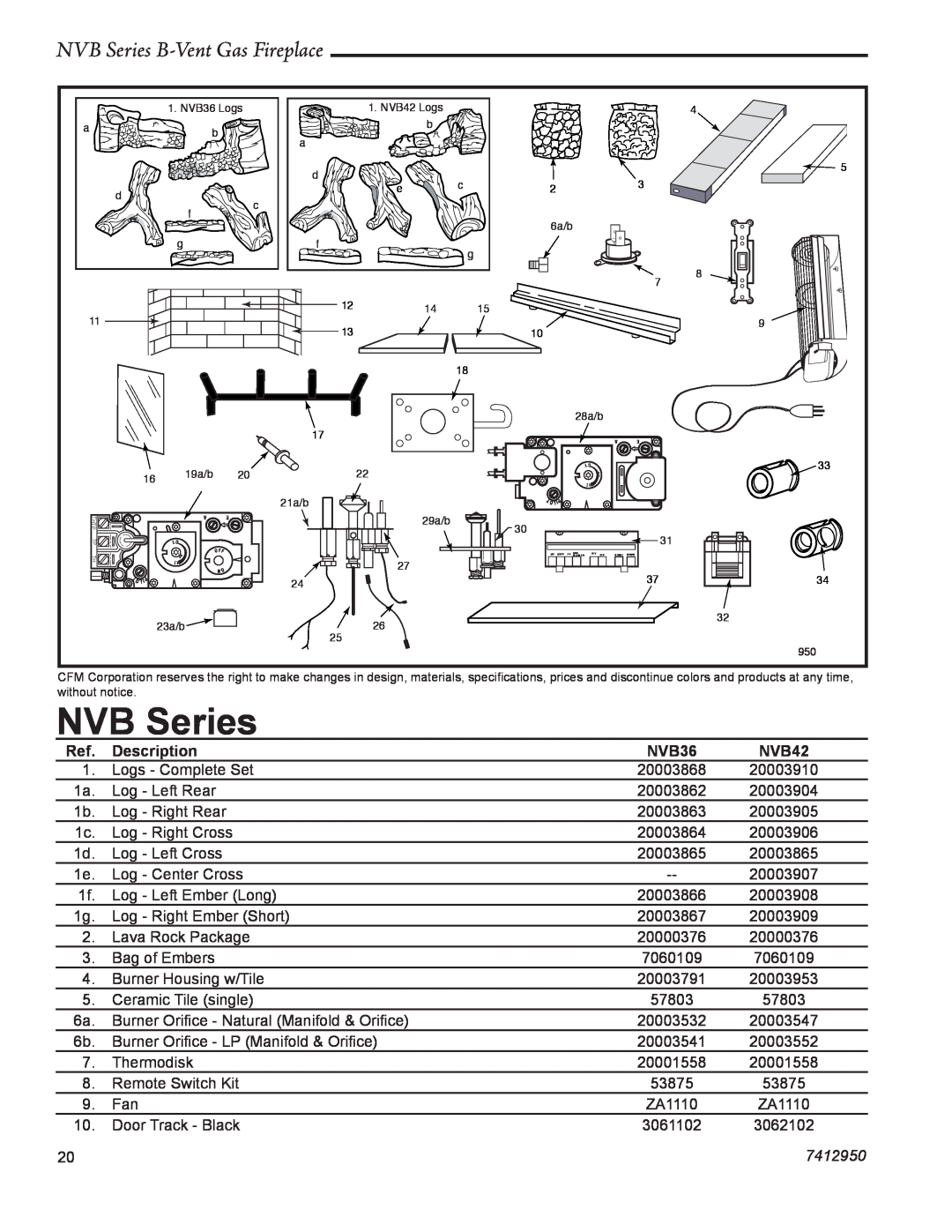 Vermont Casting NVBC42, NVBR36 warranty NVB Series B-VentGas Fireplace, Description, NVB36, NVB42, 7412950 