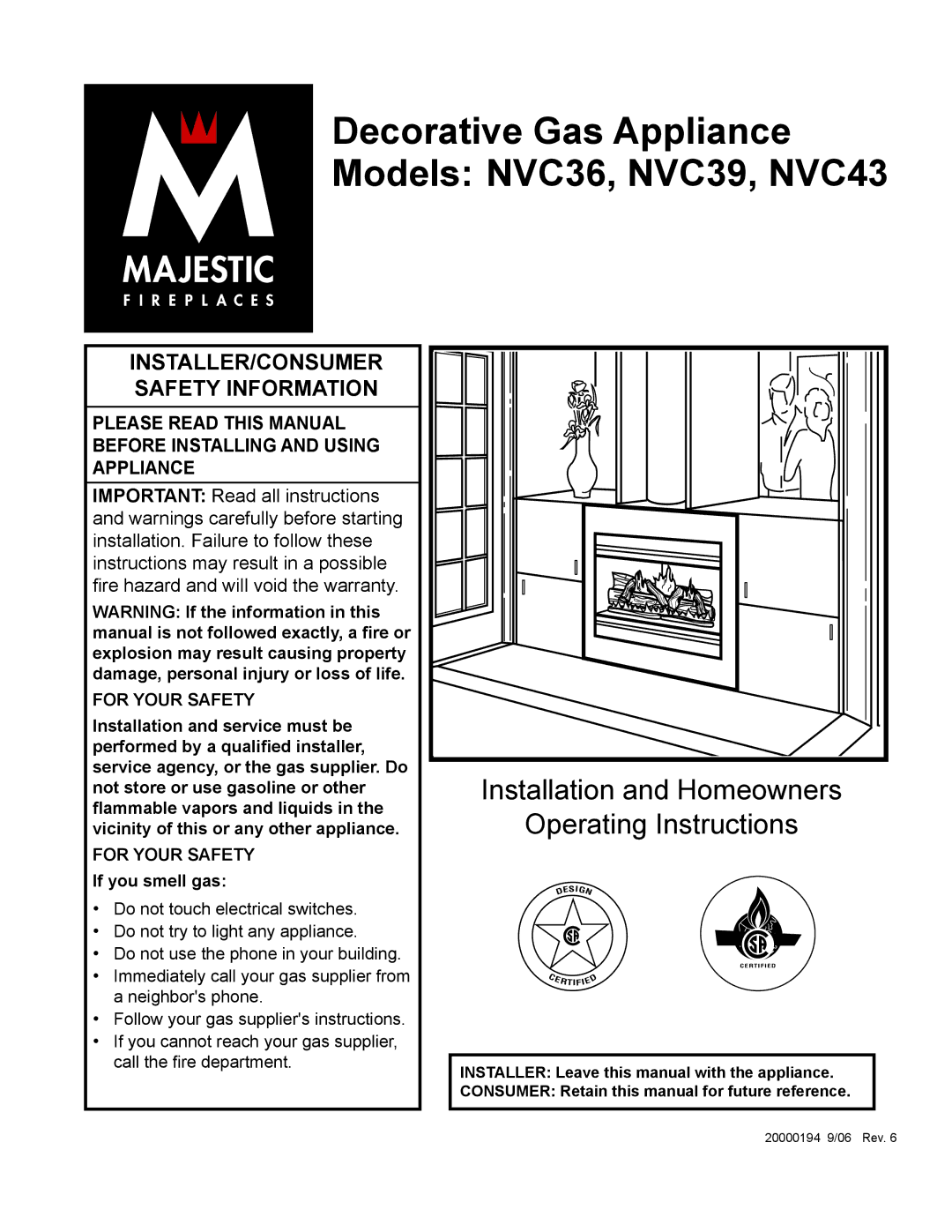 Vermont Casting warranty Decorative Gas Appliance Models NVC36, NVC39, NVC43 