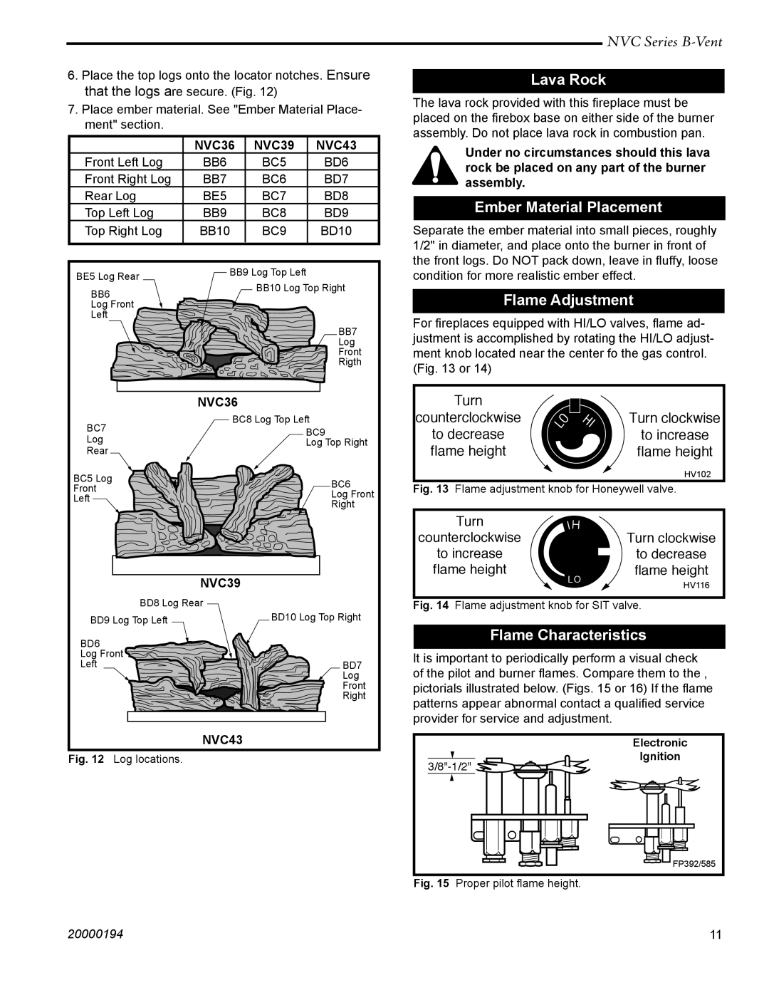 Vermont Casting NVC39, NVC36, NVC43 warranty Lava Rock, Ember Material Placement, Flame Adjustment, Flame Characteristics 