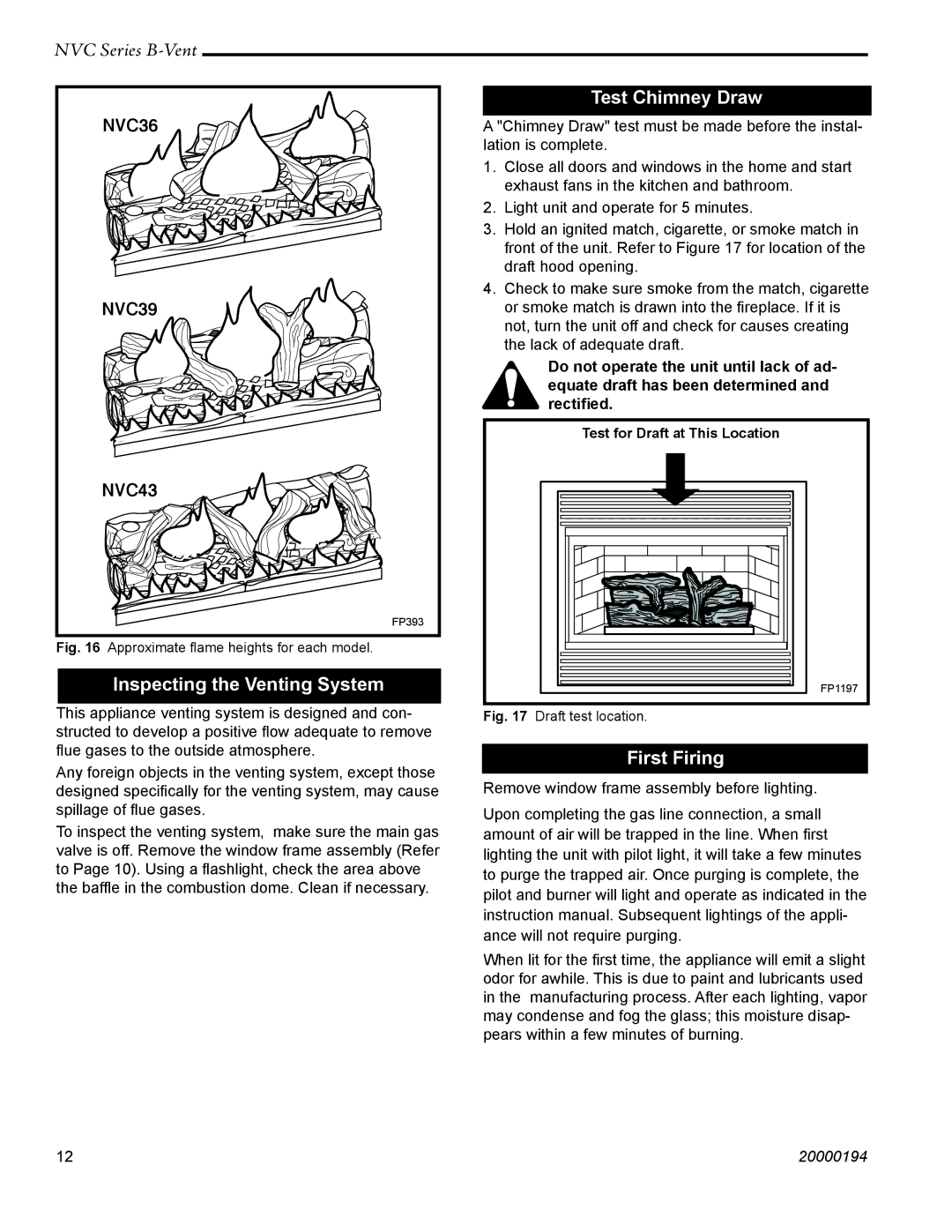 Vermont Casting NVC36, NVC43, NVC39 warranty Inspecting the Venting System, Test Chimney Draw, First Firing 