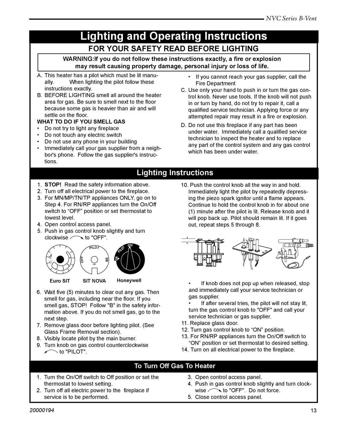 Vermont Casting NVC43, NVC36, NVC39 warranty To Turn Off Gas To Heater, What to do if YOU Smell GAS 