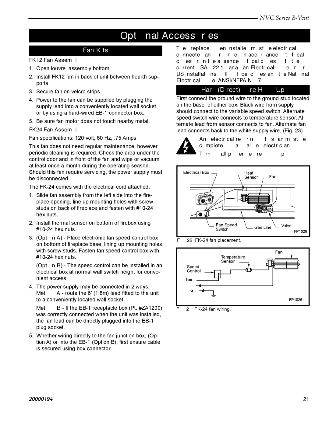 Vermont Casting NVC36, NVC43, NVC39 warranty Optional Accessories, Fan Kits, Hard Direct Wire Hook-Up, FK12 Fan Assembly 