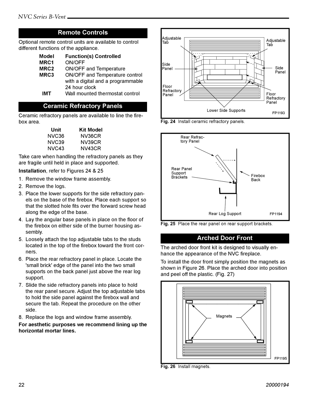 Vermont Casting NVC43, NVC36, NVC39 warranty Remote Controls, Ceramic Refractory Panels, Arched Door Front 