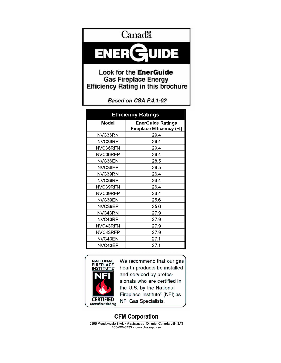 Vermont Casting NVC43, NVC36, NVC39 warranty Efﬁciency Ratings, Model EnerGuide Ratings Fireplace Efﬁciency % 