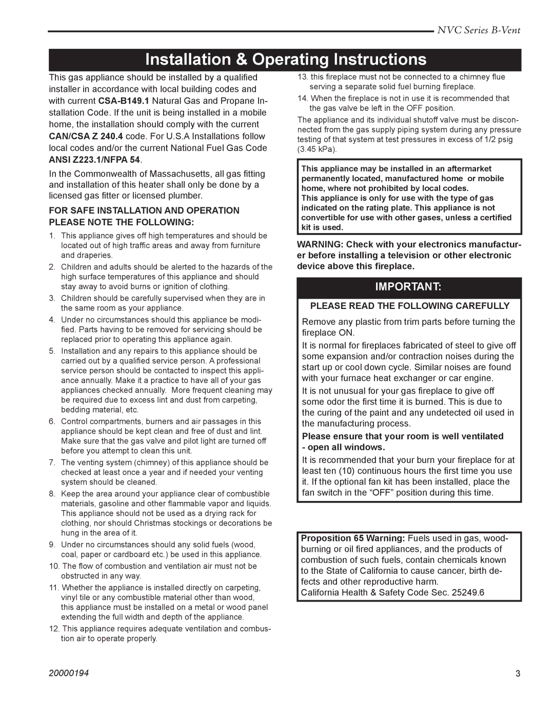 Vermont Casting NVC36, NVC43 Installation & Operating Instructions, Ansi Z223.1/NFPA, Please Read the Following Carefully 