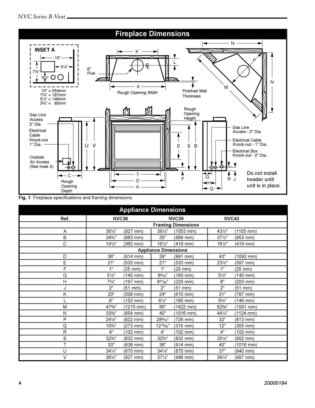 Vermont Casting NVC43, NVC36, NVC39 warranty Fireplace Dimensions, Appliance Dimensions 