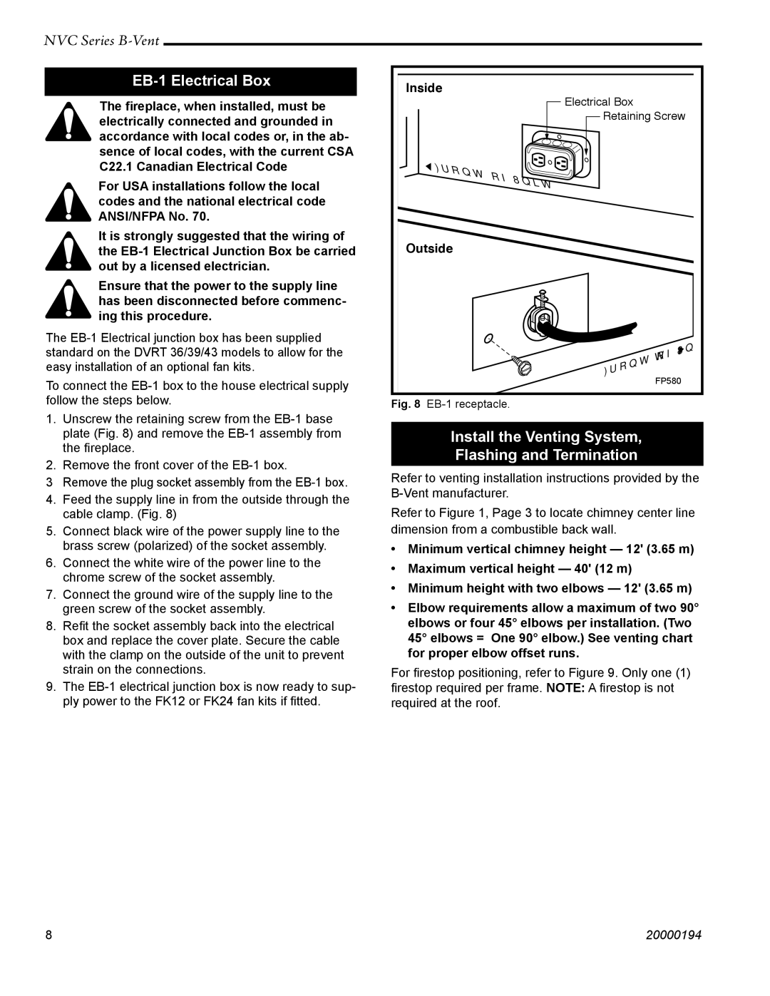 Vermont Casting NVC39, NVC36, NVC43 warranty EB-1 Electrical Box, Install the Venting System Flashing and Termination 