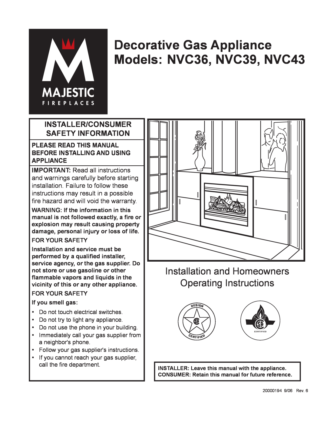 Vermont Casting NVC43 warranty Installation and Homeowners, Operating Instructions, Installer/Consumer Safety Information 