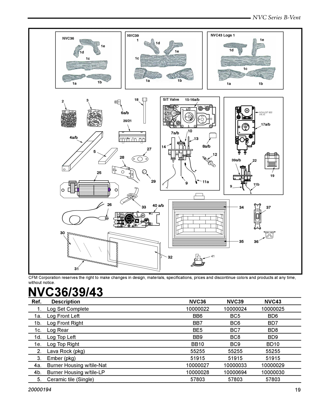 Vermont Casting NVC43, NVC39 warranty NVC36/39/43, NVC Series B-Vent, Description, 20000194 