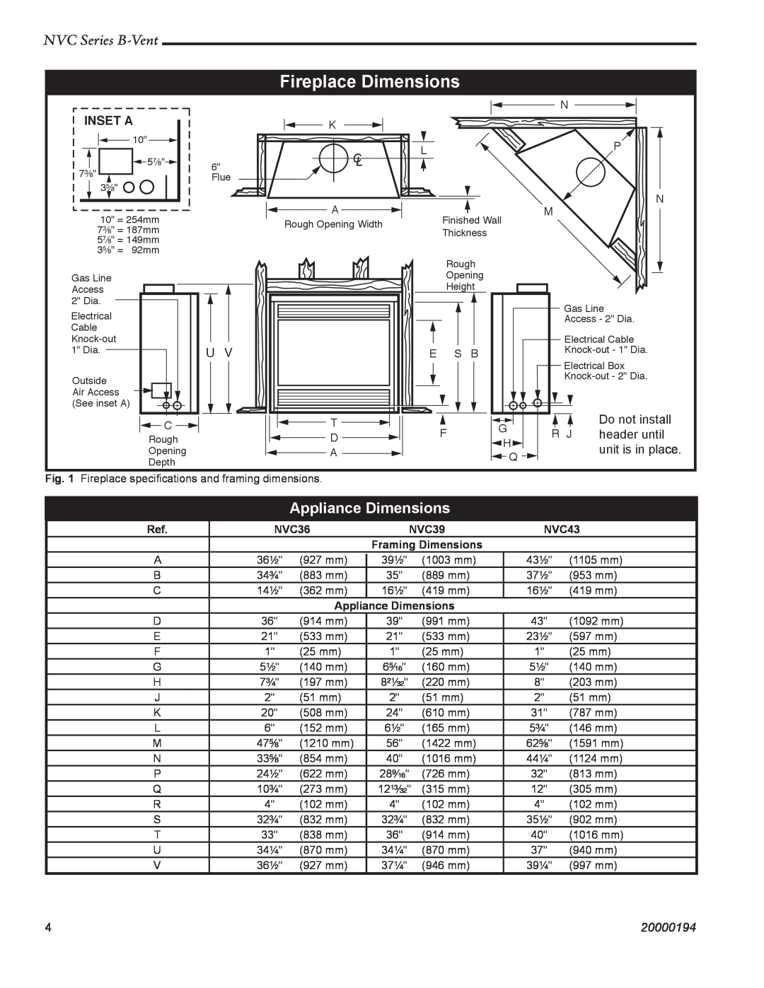 Vermont Casting NVC43, NVC36, NVC39 warranty Fireplace Dimensions, Appliance Dimensions, NVC Series B-Vent, Inset A, 20000194 