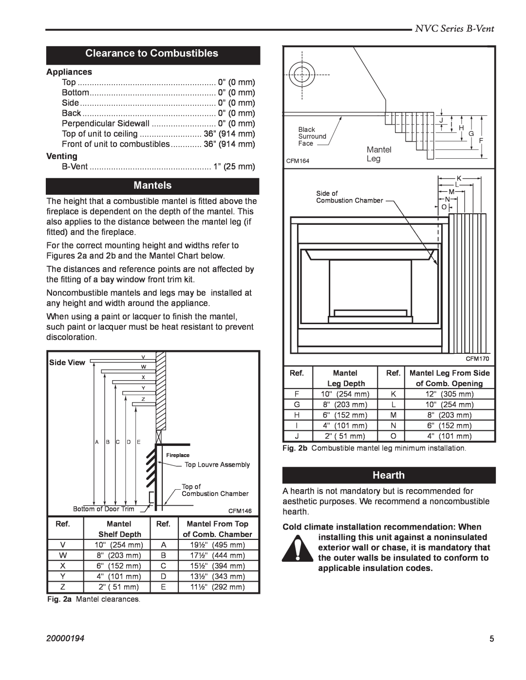 Vermont Casting NVC39, NVC36 Clearance to Combustibles, Mantels, Hearth, NVC Series B-Vent, Appliances, Venting, 20000194 
