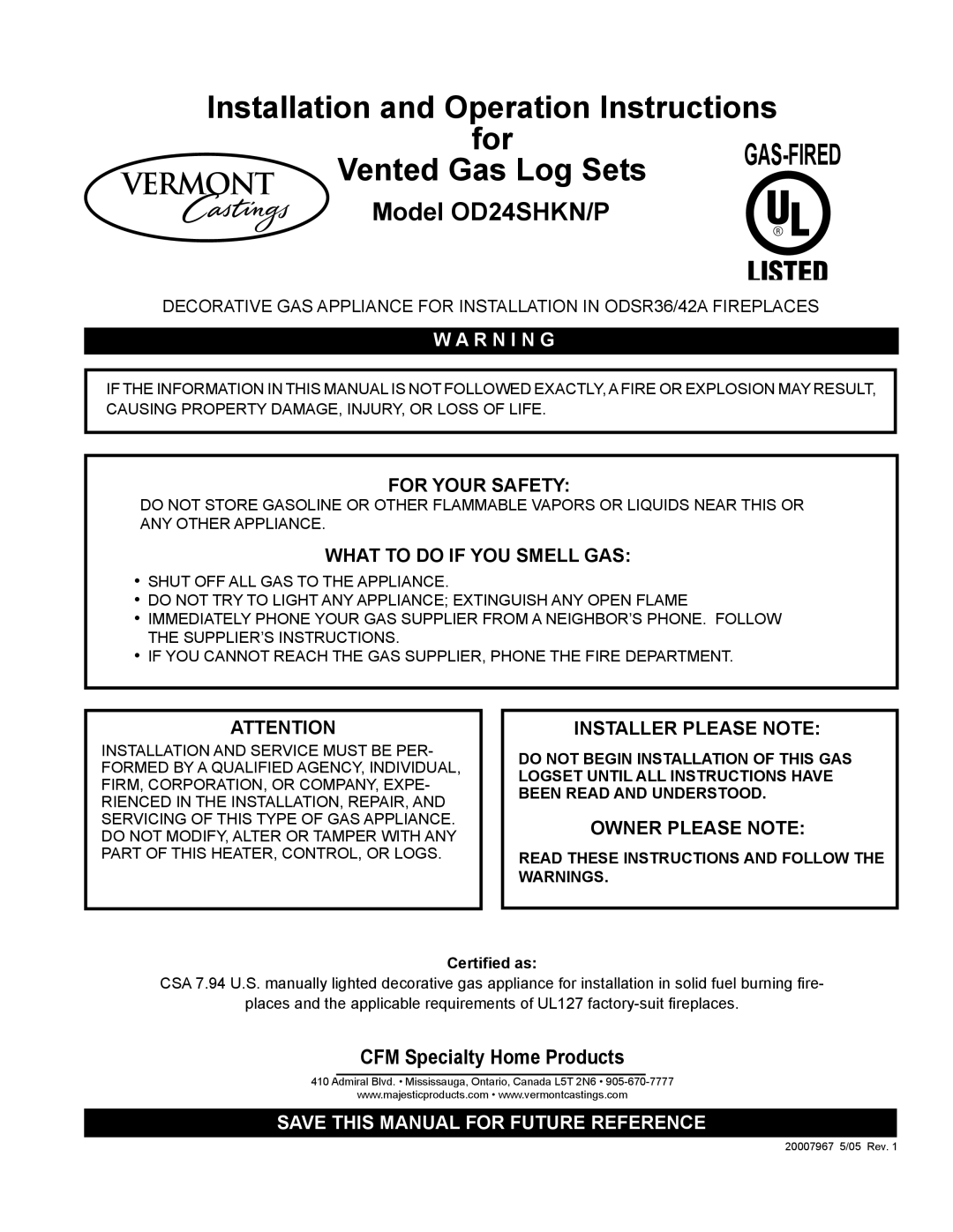 Vermont Casting P, OD24SHKN manual Installation and Operation Instructions 