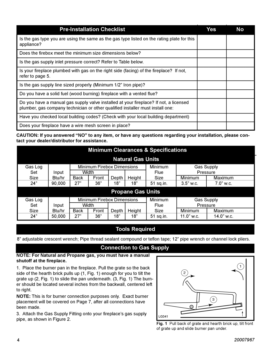 Vermont Casting OD24SHKN manual Pre-Installation Checklist Yes, Minimum Clearances & Speciﬁcations Natural Gas Units 